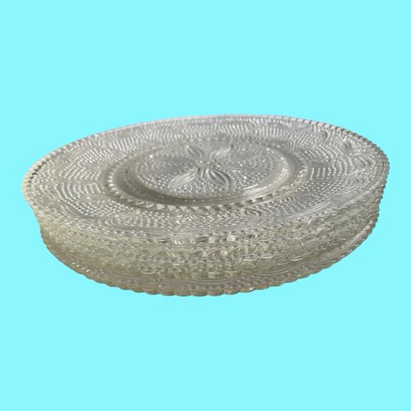 Vtg Set 4 Federal Heritage Clear 9.25” Glass Beaded Dinner Plates Scalloped Rim - Picture 2 of 6